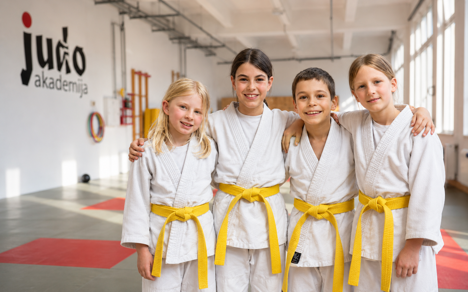 Nasmejani otroci z rumenimi pasovi po judo vadbi