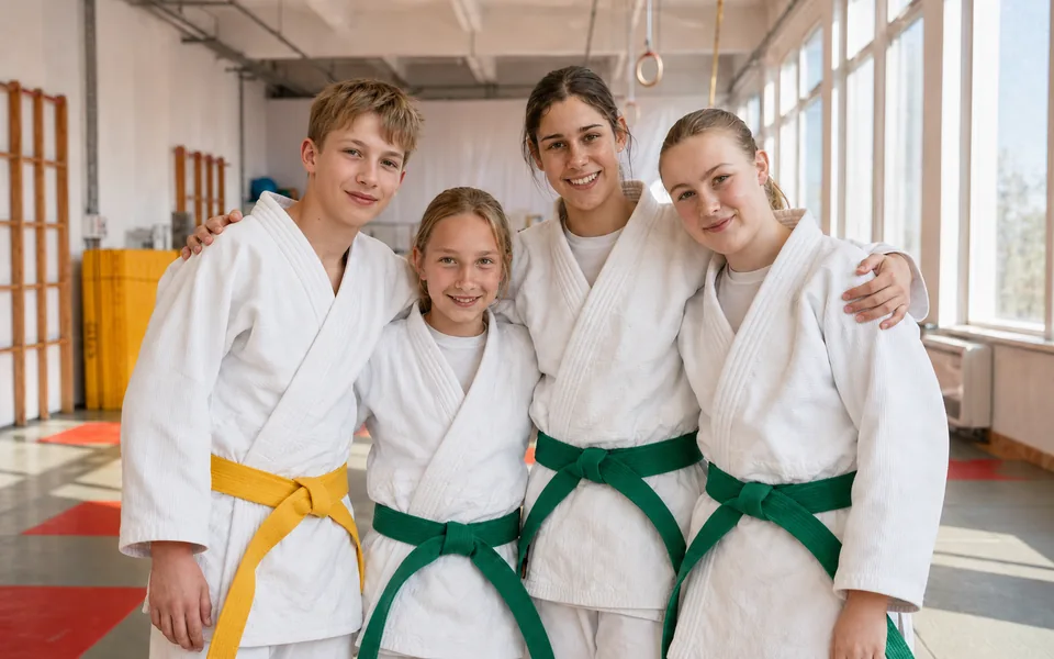 Nasmejana mlada judoista v kimonih