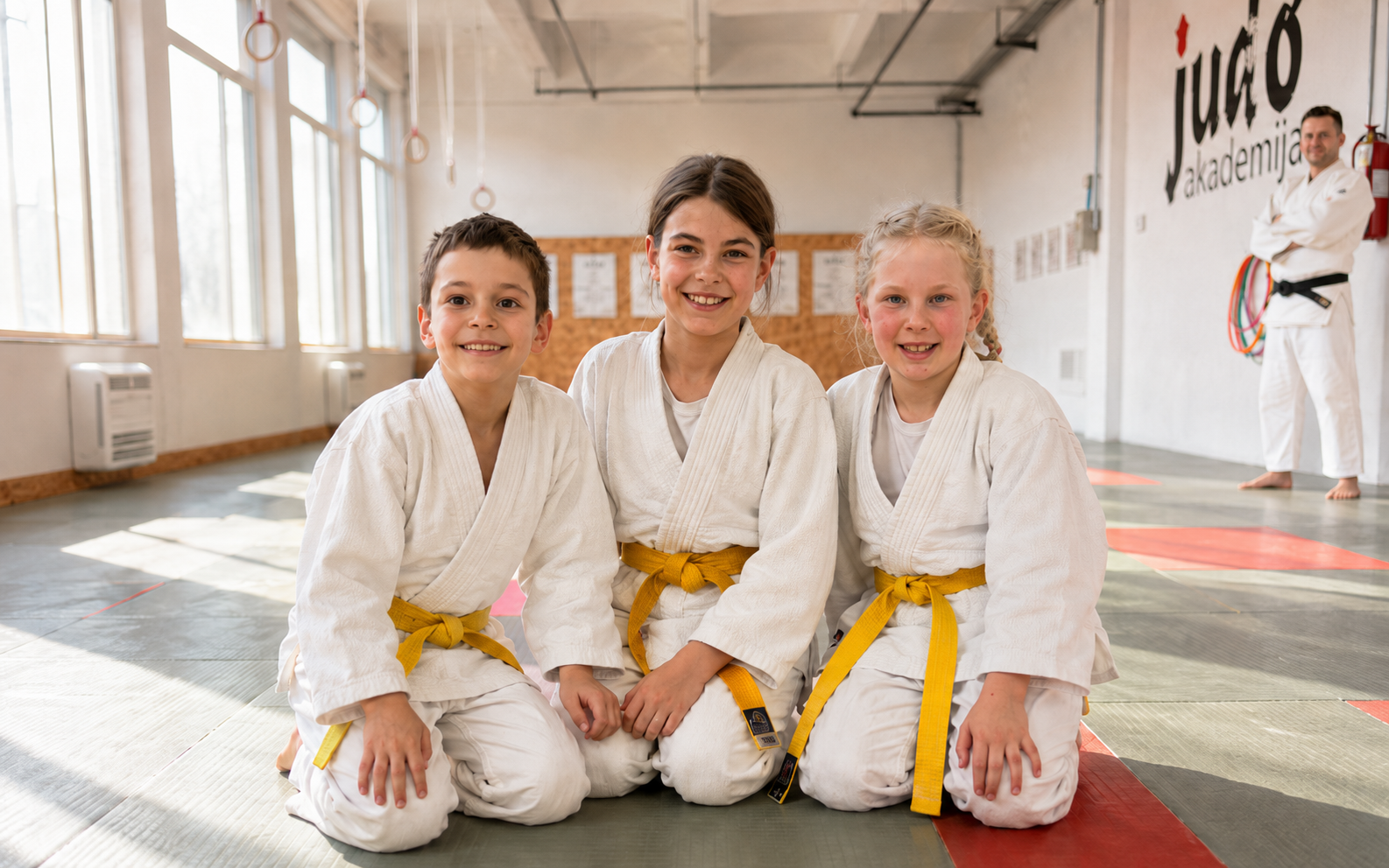 Nasmejani mali judoisti z rumenimi pasovi